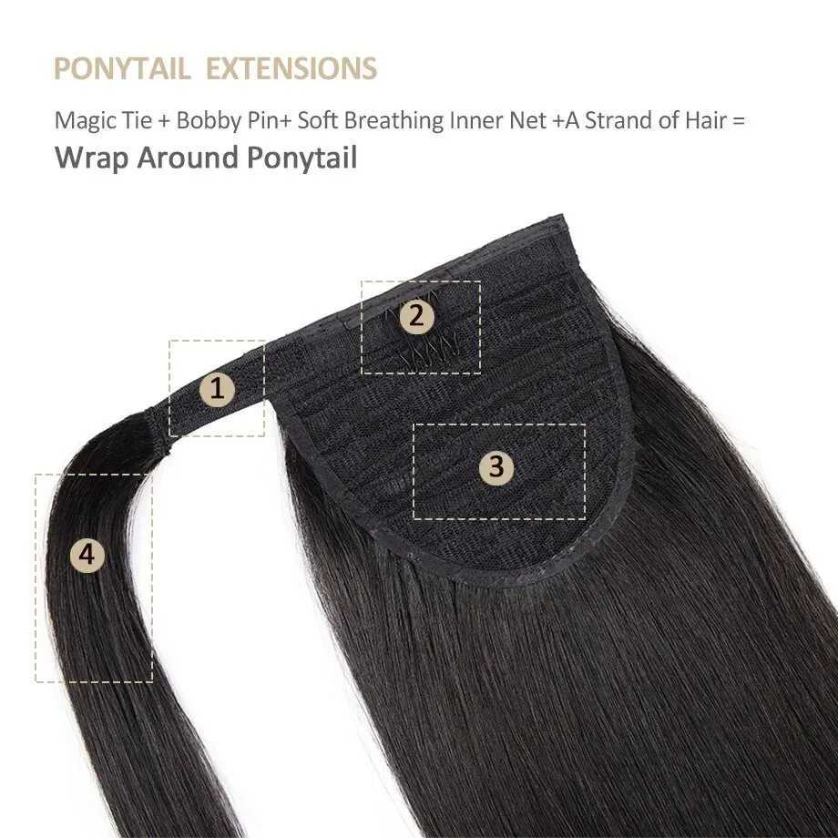 100% artificial hair ponytail with clip on magic cream invisible ponytail wrapped around a soft straight ponytail W240817