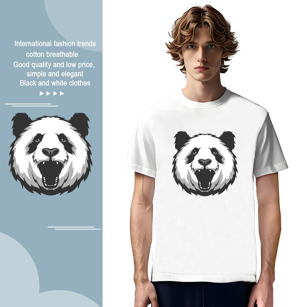 Comfortable T Shirt For Man panda Round Neck Short Sleeve Sports Casual Black White 230g Pure Cotton Men Tshirts 2024 New Tee Shirt