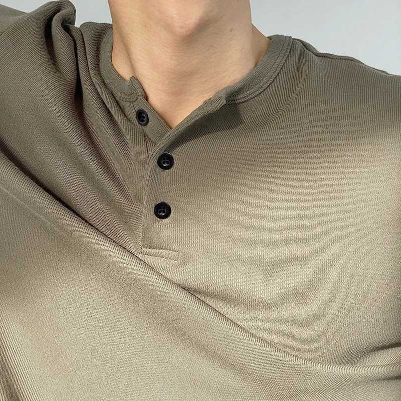 Mens New Spring Autumn Solid Color Section Of Bamboo Cotton Henry Collar Long-Sleeved T-Shirt Fashion Casual Daily Loose TopsXJ240819
