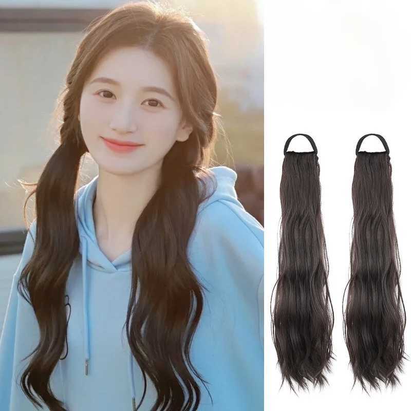 Synthetic fluffy long curly ponytail high elasticity wig with natural woven integrated side for household use womens daily hair W240817