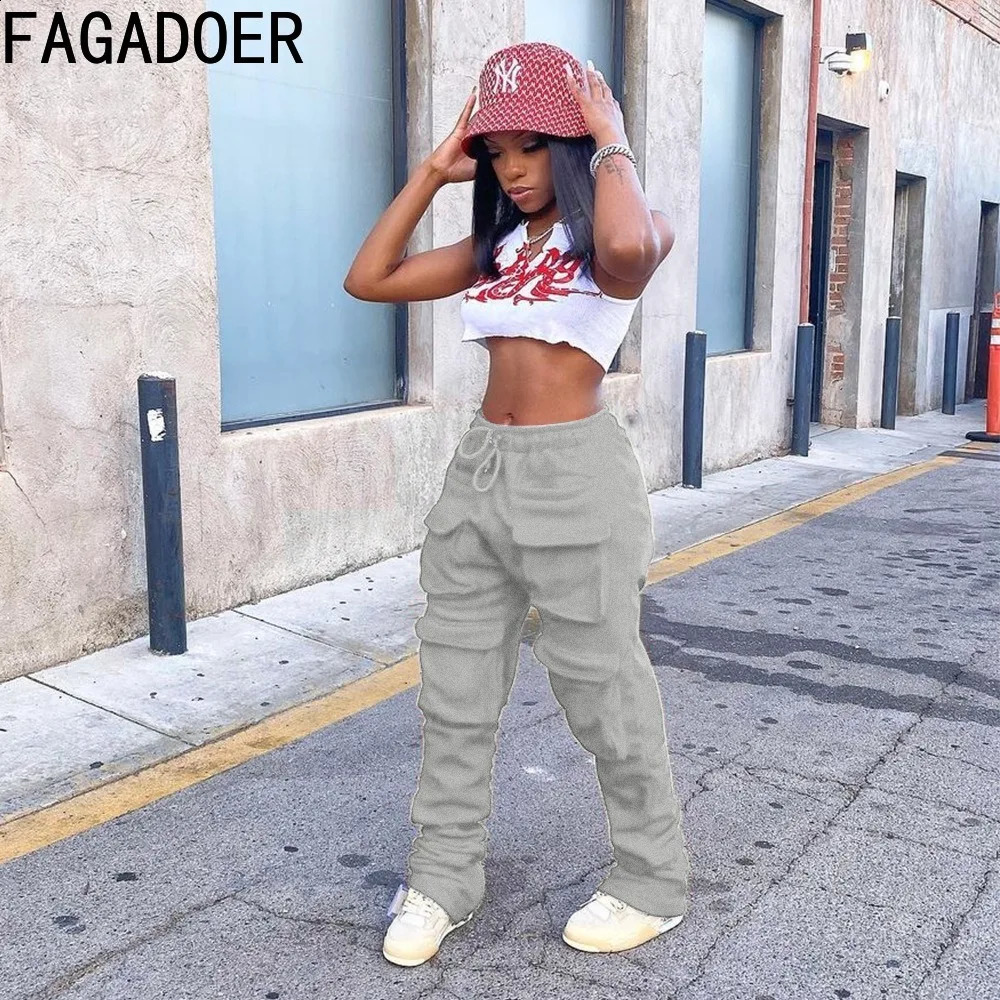 FAGADOER Autumn Cargo Pants Women Retro Y2k Streetwear Trousers Casual Baggy Straight Pants Wide Leg Pockets Joggers Sweatpants 240819
