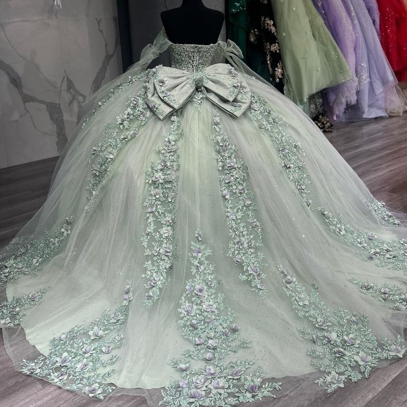 Mint Green Shiny Quinceanera Dress Mexican 3D wer Beads Puffy Ball Gowns Applique Lace Tull Sweet 16 Vestidos De 15 Anos