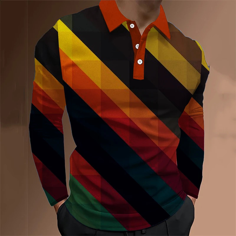 Fashion Mens Polo Shirt 3D Thin Line Stripe T-Shirt Top Summer Long Sleeve Polo Shirt Colorful Pattern Tee Casual Male Clothes 240820