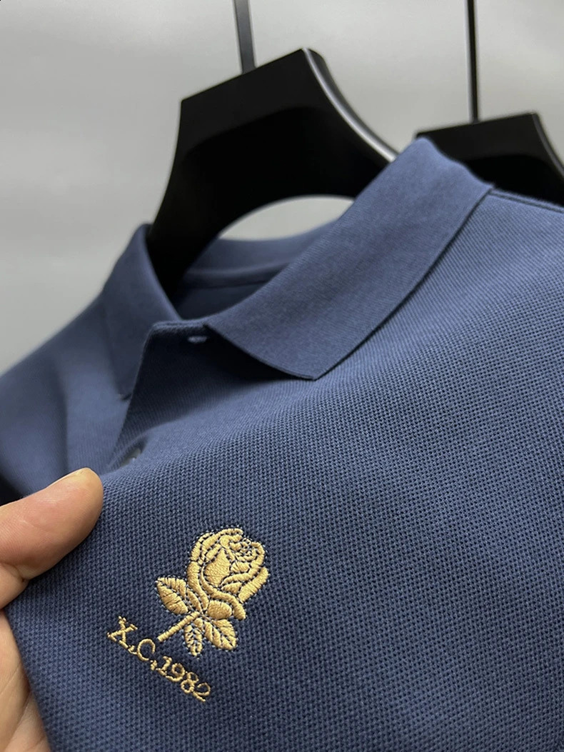 High end 100% cotton mens long sleeved polo shirt Fashion and exquisite rose embroidery Business casual monochrome autumn top 240820