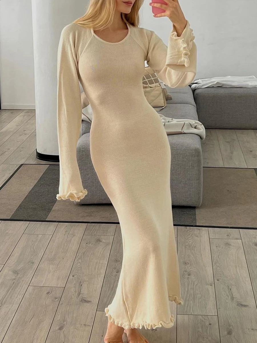 Women Knitted Bodycon Dress Long Sleeve Tie Backless Round Neck Dress Solid Color Ruffle Trim Casual Dresses Fashion Clothes 240823