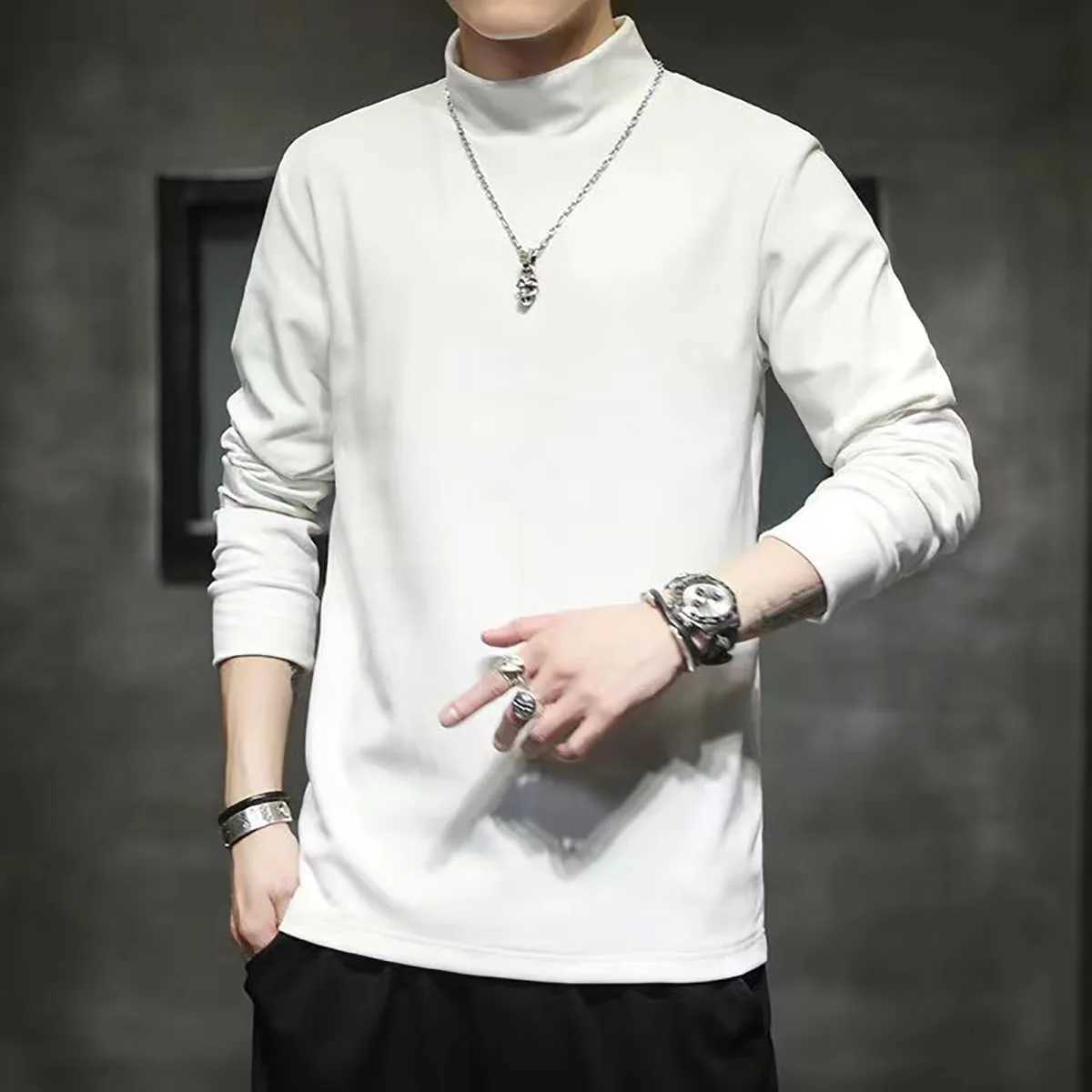 2023 Autumn Mens T-Shirts Spring High Collar Slim Tee Shirt Long Sleeve Solid Color De Rong Warm Basic Tops Man UndershirtsXJ240819