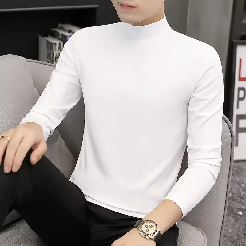 Mens Autumn/winter Turtle Neck Long Sleeve T-shirt Solid Color Top Inner Base Layer Top Half Polo Sweater 240820