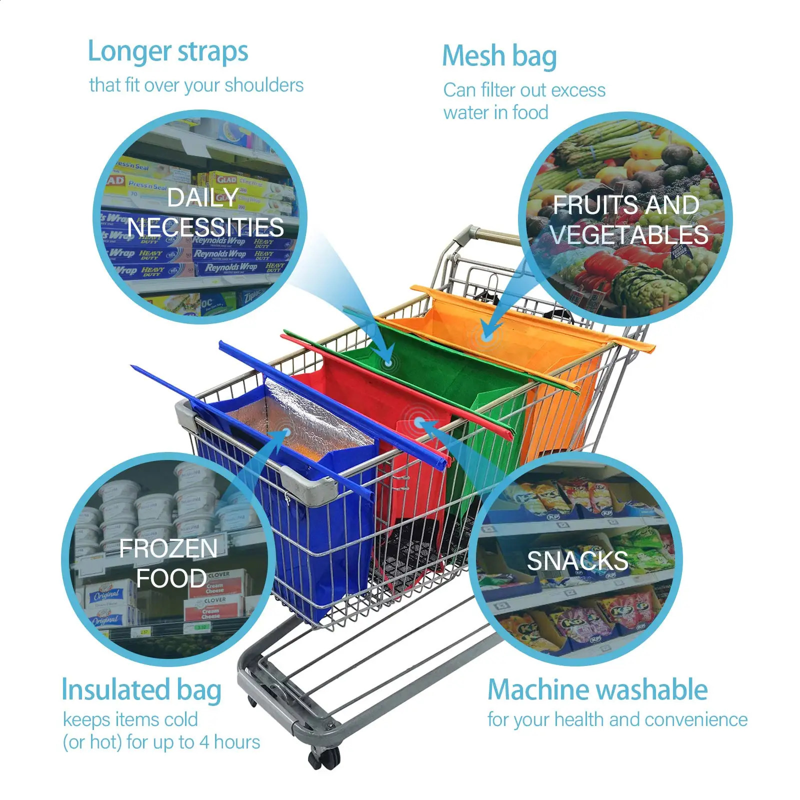 Dropship Foldable Trolley Bags4 Pack Reusable Grocery Shopping Cart Bags with Cooler Bag Eco Bolsas De Compra Detachable Sac y240925