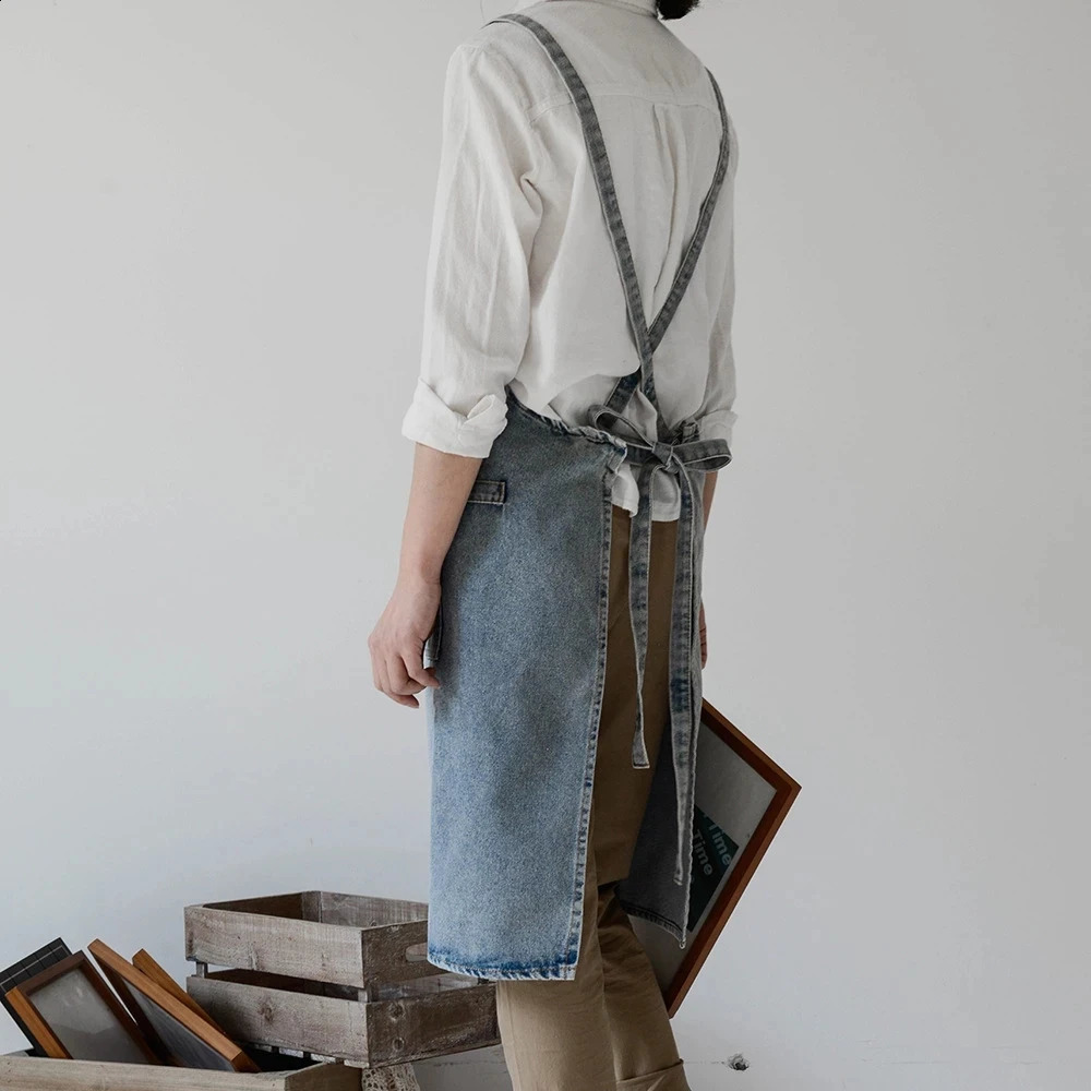 Denim Apron Cotton Korean Canvas Antifouling Home Cleaning Kitchen Cooking Work Clothes Barber Apron Leisure Gardening Baking 240819