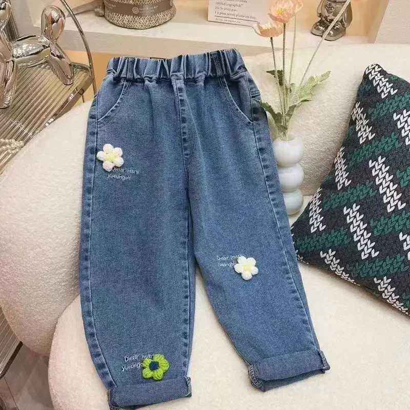 Ambroidered Flower Girl Jeans Baby Boy Kids Jeans Girl Pants Daduhey Wide Leg Pants Harem Pants Clothes BottomW240819