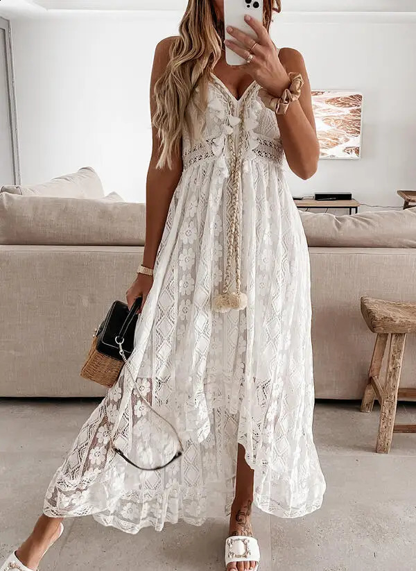 Womens Dress White Hollow Out Cotton Sundress Lace Sleeveless Long Splicing Summer Party Elegant Evening Woman Skirt Clothing 240819