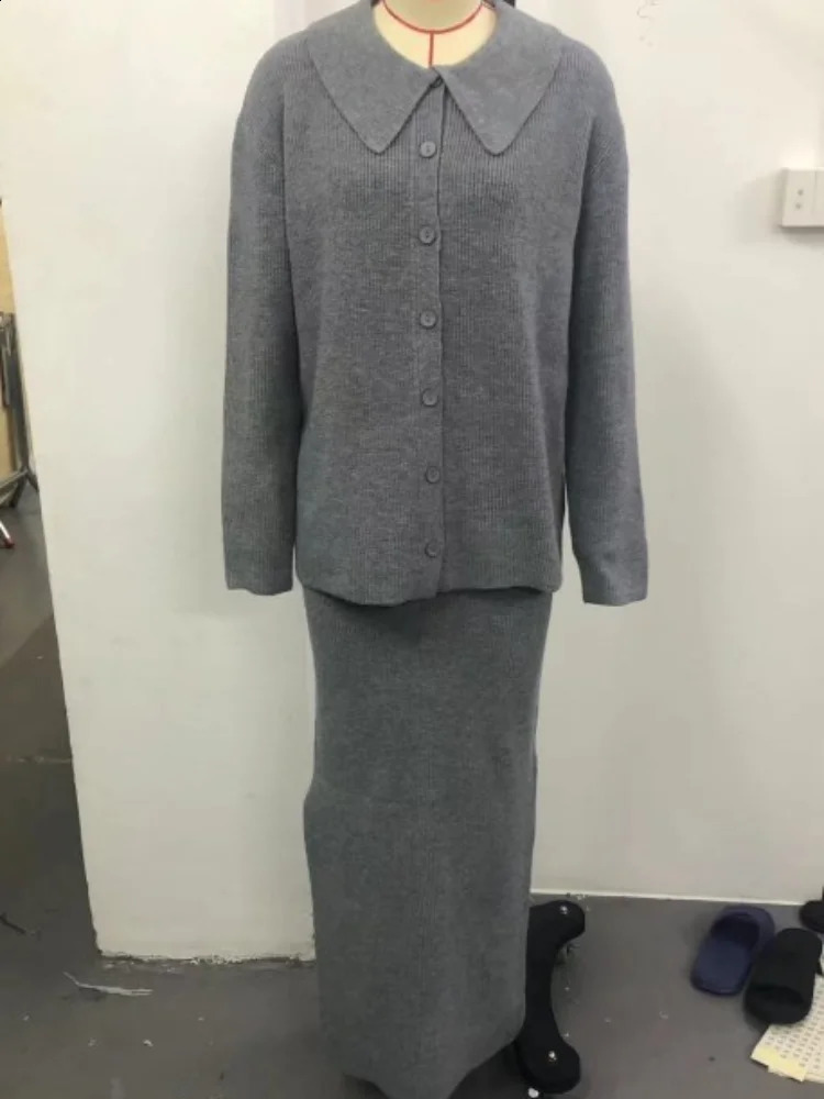 Knit Solid Sets For Women Turn-down Collar Single-breasted Cardigan Split Skirt High Waist Pants Loose Lady Autumn Streetwear 240819