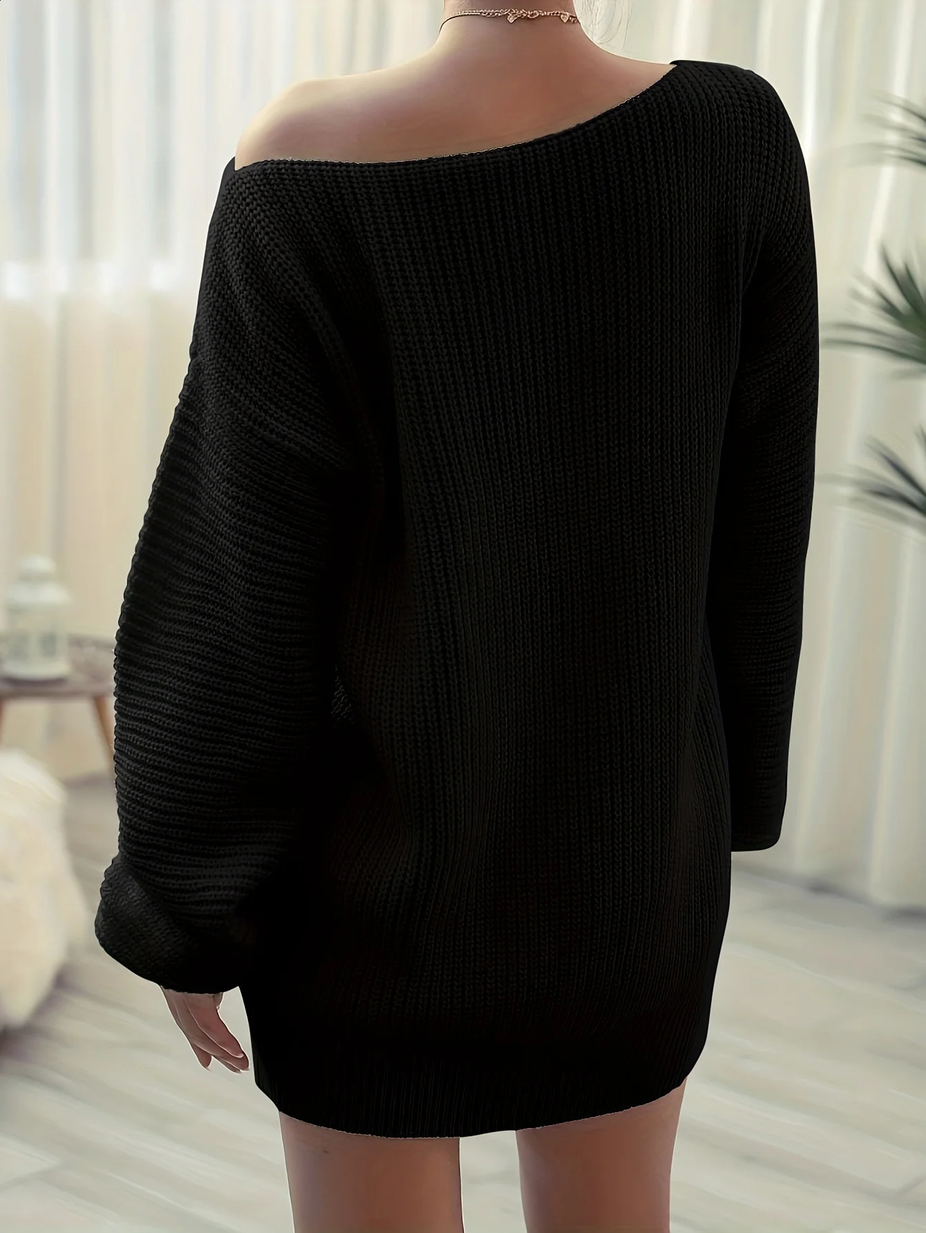 Solid shoulder knitted dress casual long sleeved sweater suitable for autumn and winter womens clothing 240819