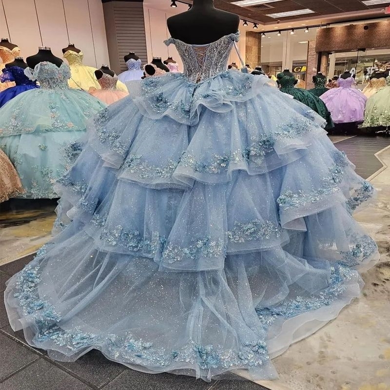 Mexico Sky Blue Off The Shoulder Ball Gown Quinceanera Dress Beaded Crystal Appliques Tull Birthday Party Dress Ruffles Sweet 16 15 Robe De