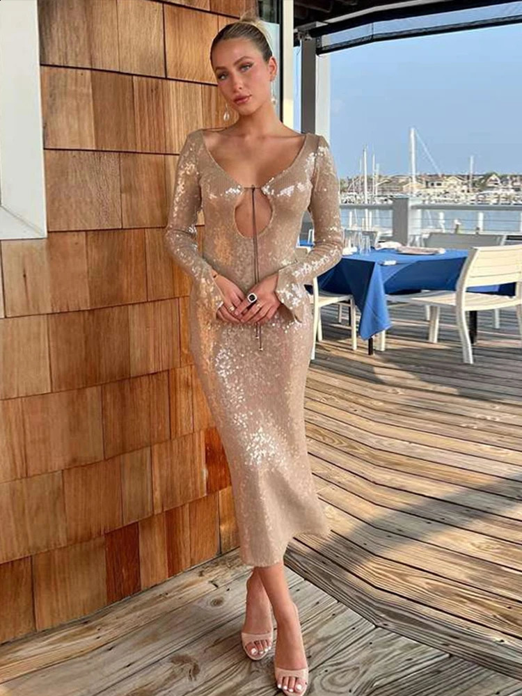 Ladies Lace Up Fishtail Dress Sexy Sequins Backless Nightclub Dresses Long Sleeved Autumn Elegant Mermaid Robe Womens Clothing 240819