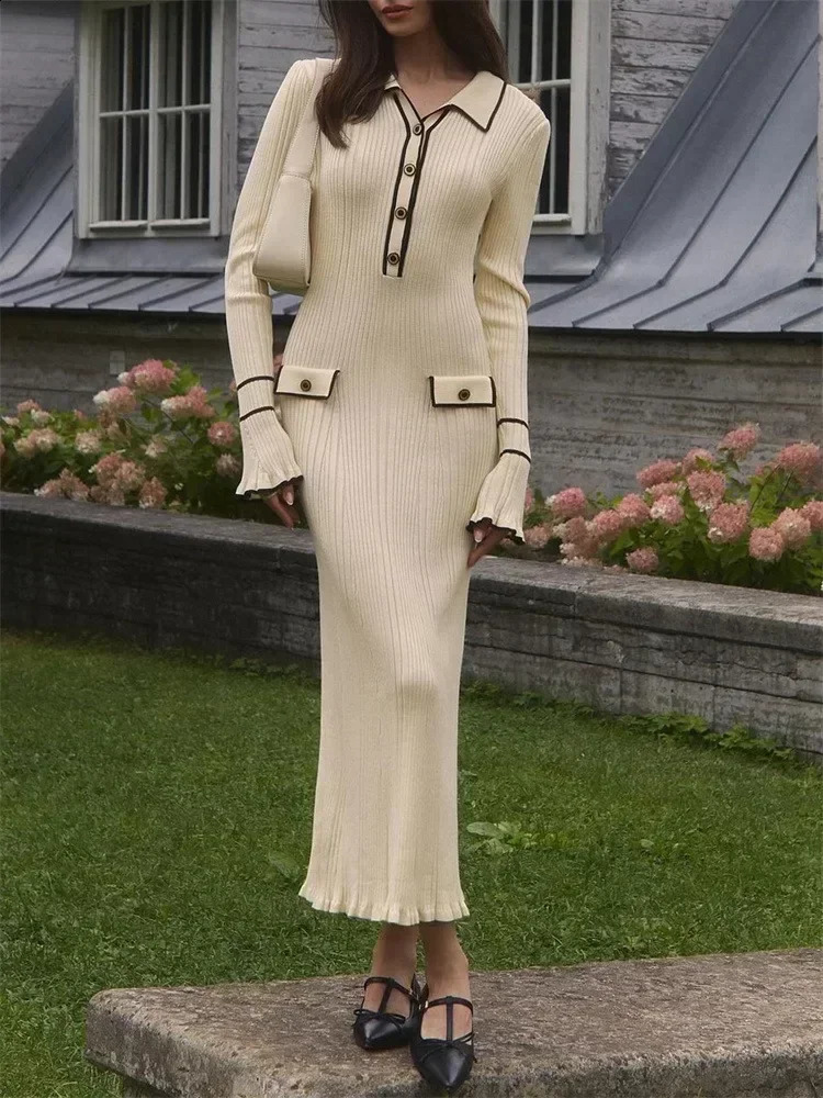 DAENERYS RES Spring Summer Fashion Women Dresses Elegant Ruffled Ribbed Long Sleeve High Street Lapel Knitting Vestidos 240819