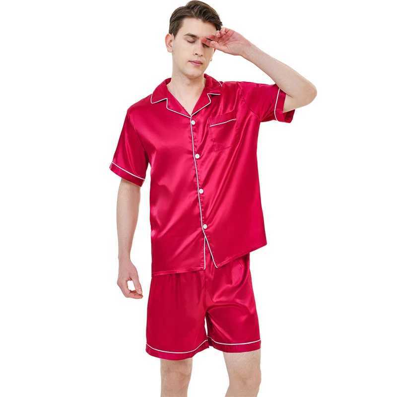 Ice silk pajamas mens short sleeved pajamas summer solid color pajamasW240719
