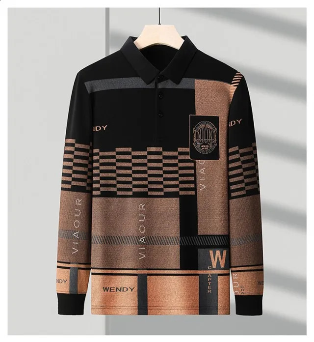 Autumn and Winter T Shirts for Men Long Sleeve Letter Printing Button Striped Polo Tees Turn-down Collar Pullover Tops 240820