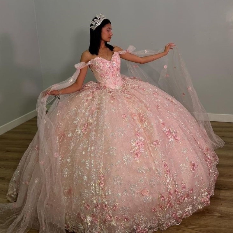 Pink Princess Sweetheart Quinceanera Dress Ball Gown Off the Shoulder Beads Appliques wer Tull Party Birthday Vestidos De 15 Anos