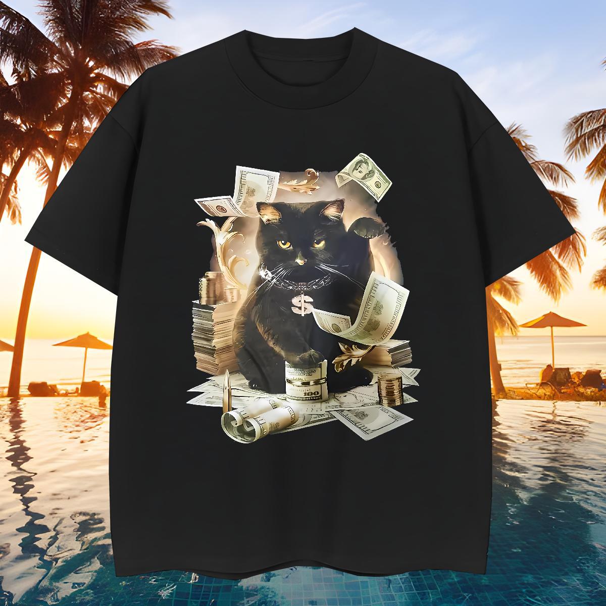 Free Shipping T shirt cat Breathable Short Sleeve High Street Hip Hop Custom Printing 230g Pure Cotton Men Clothes T-Shirt Fashion Casual Wear