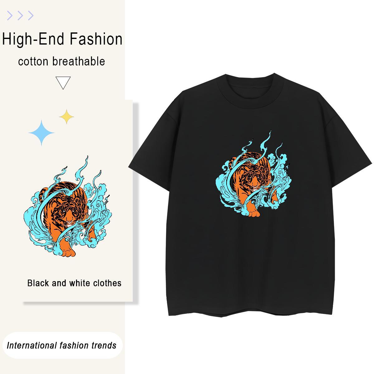 Wholesale Men Tshirts tiger Summer Casual 230g Pure Cotton Tops Breathable Short Sleeve Unisex T Shirts Men White Plus Size