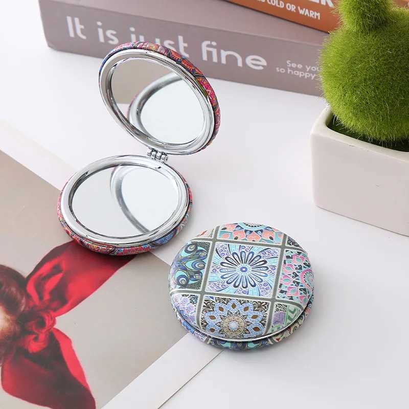 1 Piece Bohemian Style Makeup Mirror Portable Pu Double-Sided Folding Circular Retro Pocket Makeup Mirror Y240819
