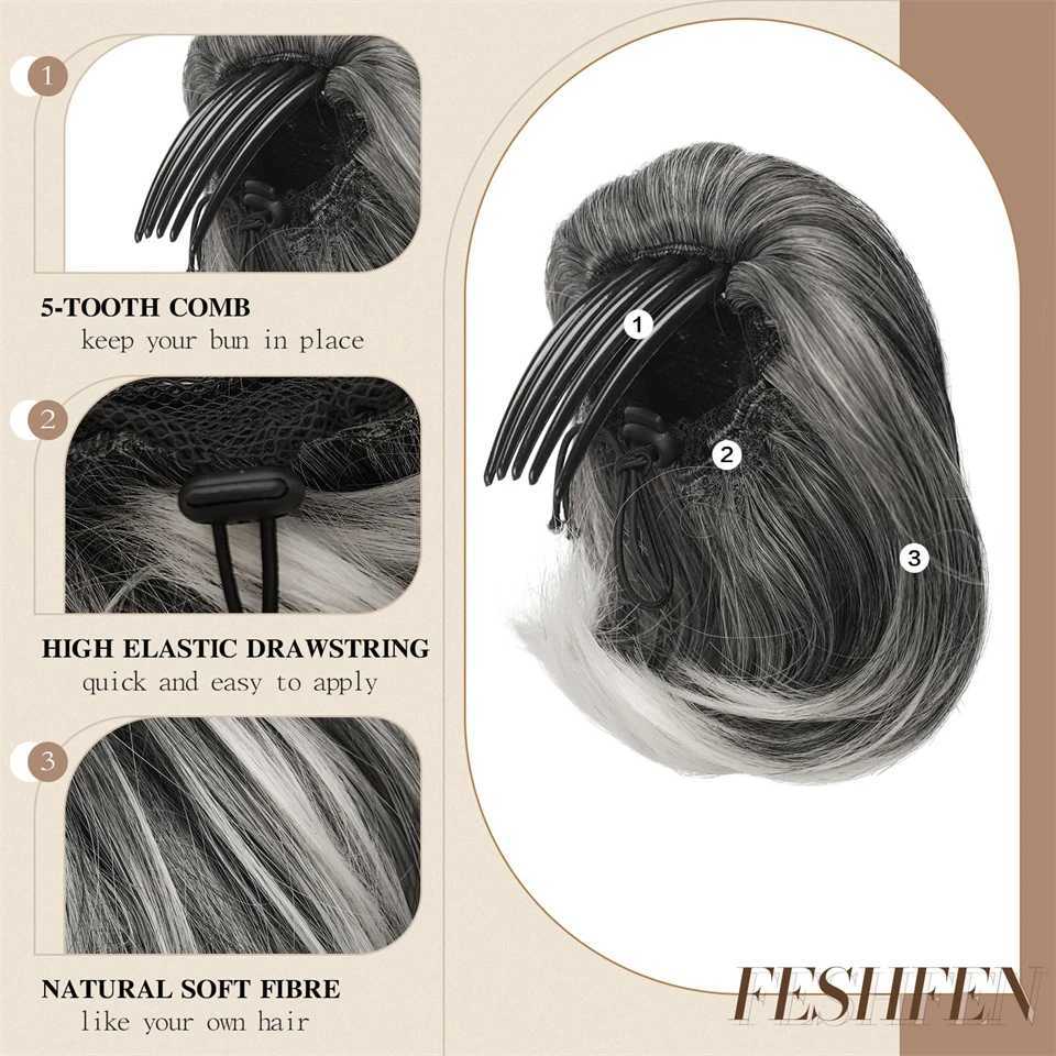 AOSI short ponytail with comb clip brushed synthetic hair extensions gray and white hair extensions ponytail wig W240817