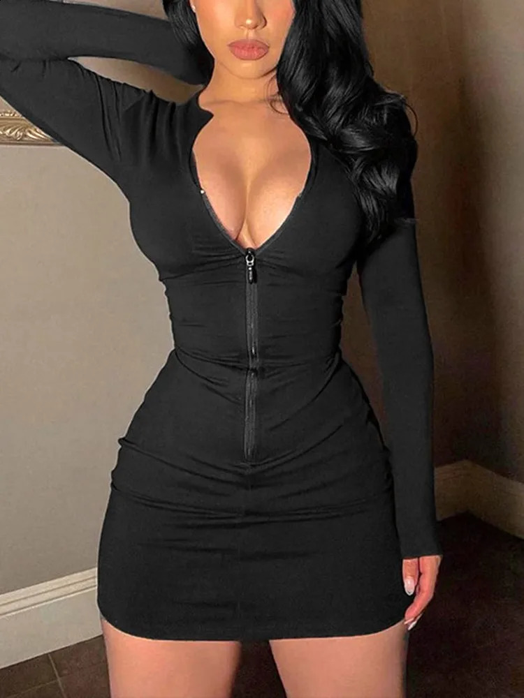 Women Zipper V-neck Long Sleeve Mini Dress Bodycon Sexy Streetwear Party Club Y2K Clothes Sportswear Autumn Winter Outfit 240819