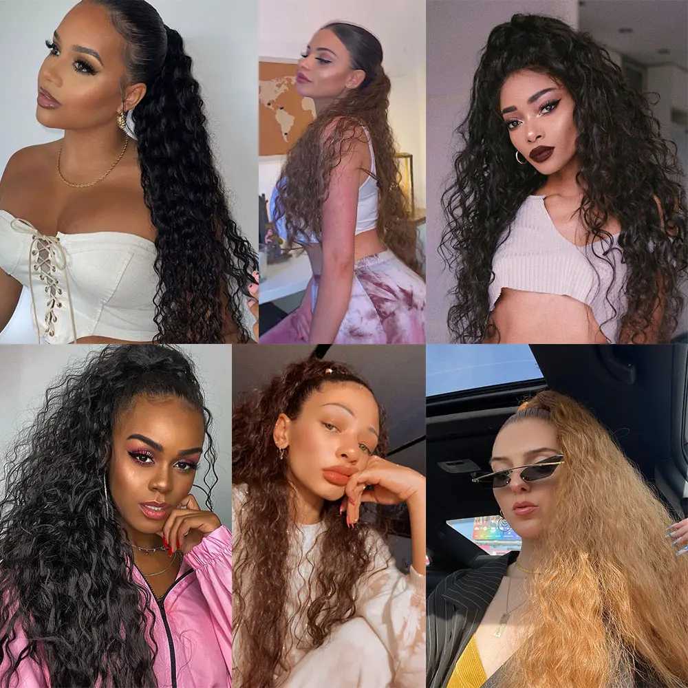 Merisihair curly ponytail extension clip around synthetic wrap ponytail wig long water wave ponytail womens fake W240817