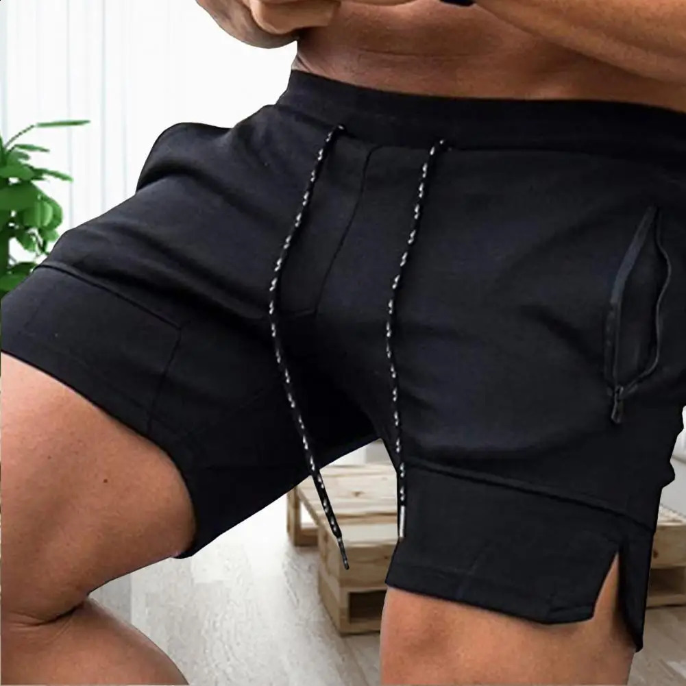 Short zipper pocket drawstring closure mens mid rise sports shorts jogging training fitness 240819