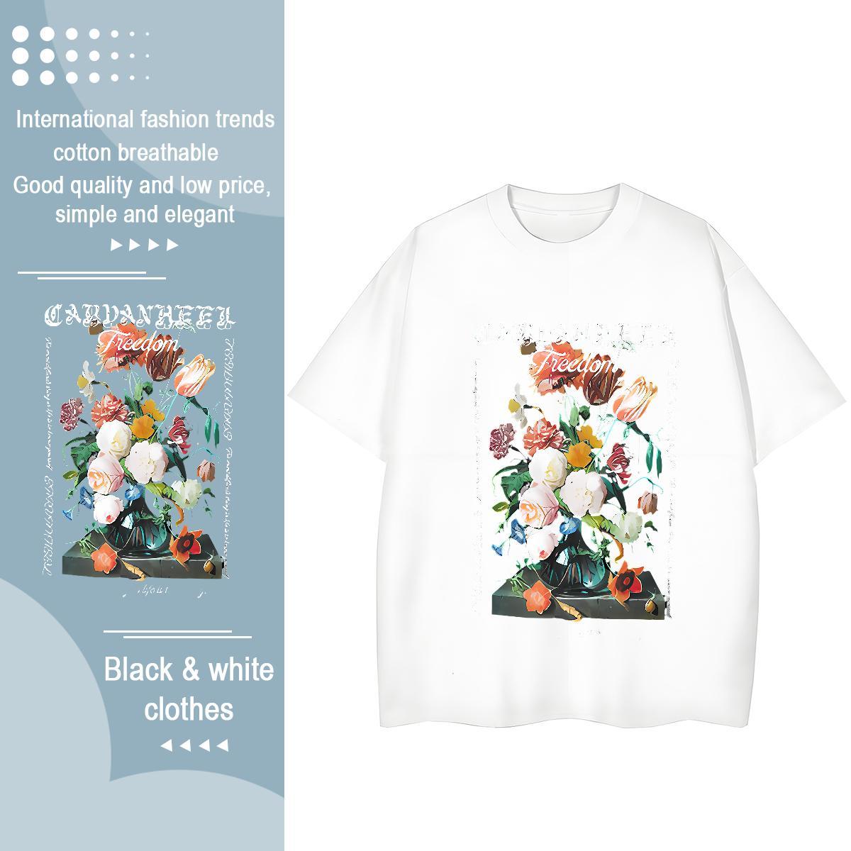 Classic Couples T Shirts flower Daily Outfit 230g Cotton Wear Short Sleeve Soft Free Shipping Man T Shirts Asian Size