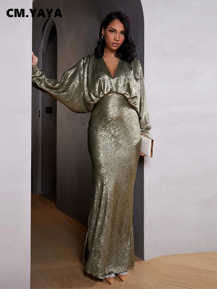CM.YAYA Women Stretch V-Neck Full Batwing Sleeve Maxi Long Dress Summer Evening Sexy Night Club Birthday Party Dresses 240819