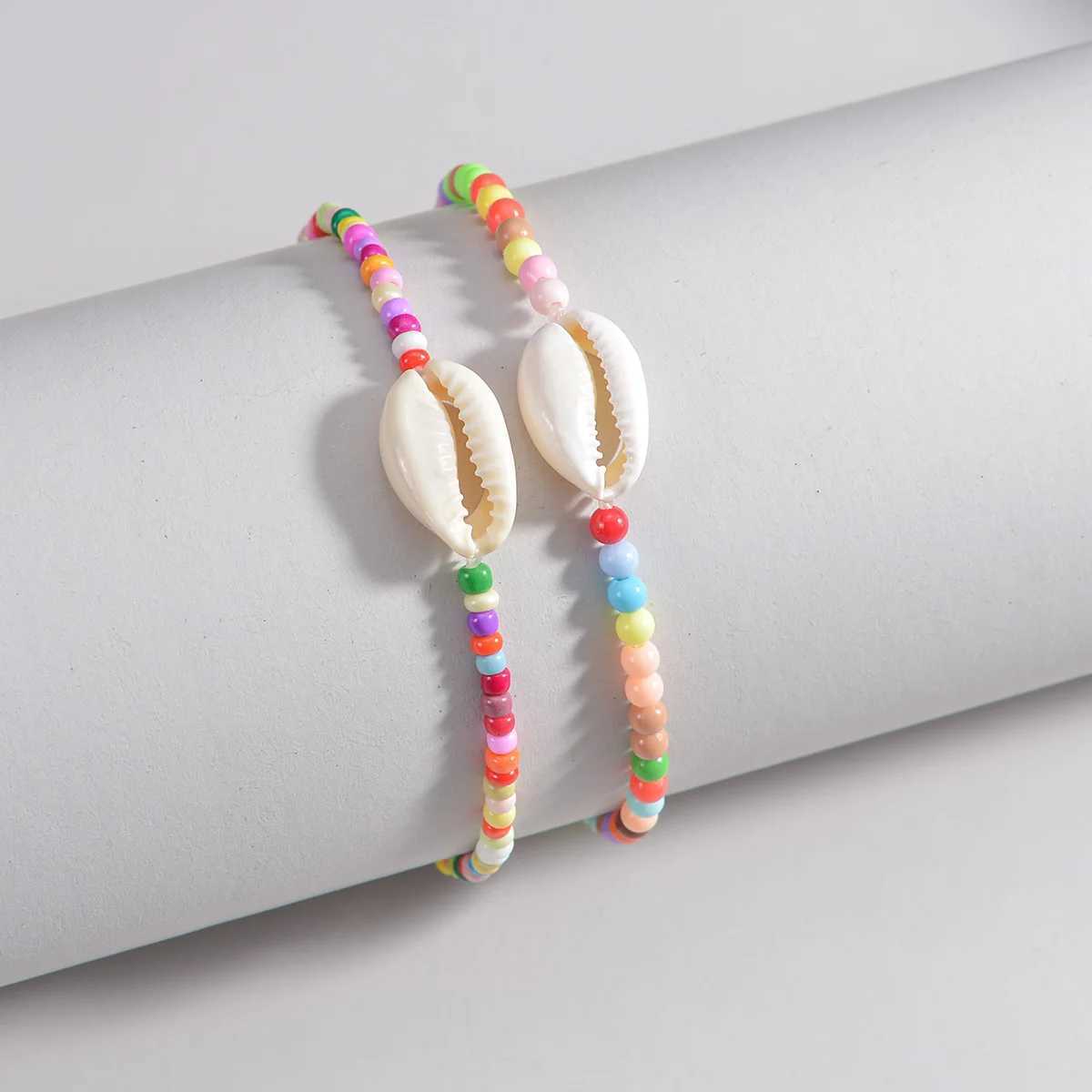 2 Bohemian style colored beaded shells for womens ankles W240815