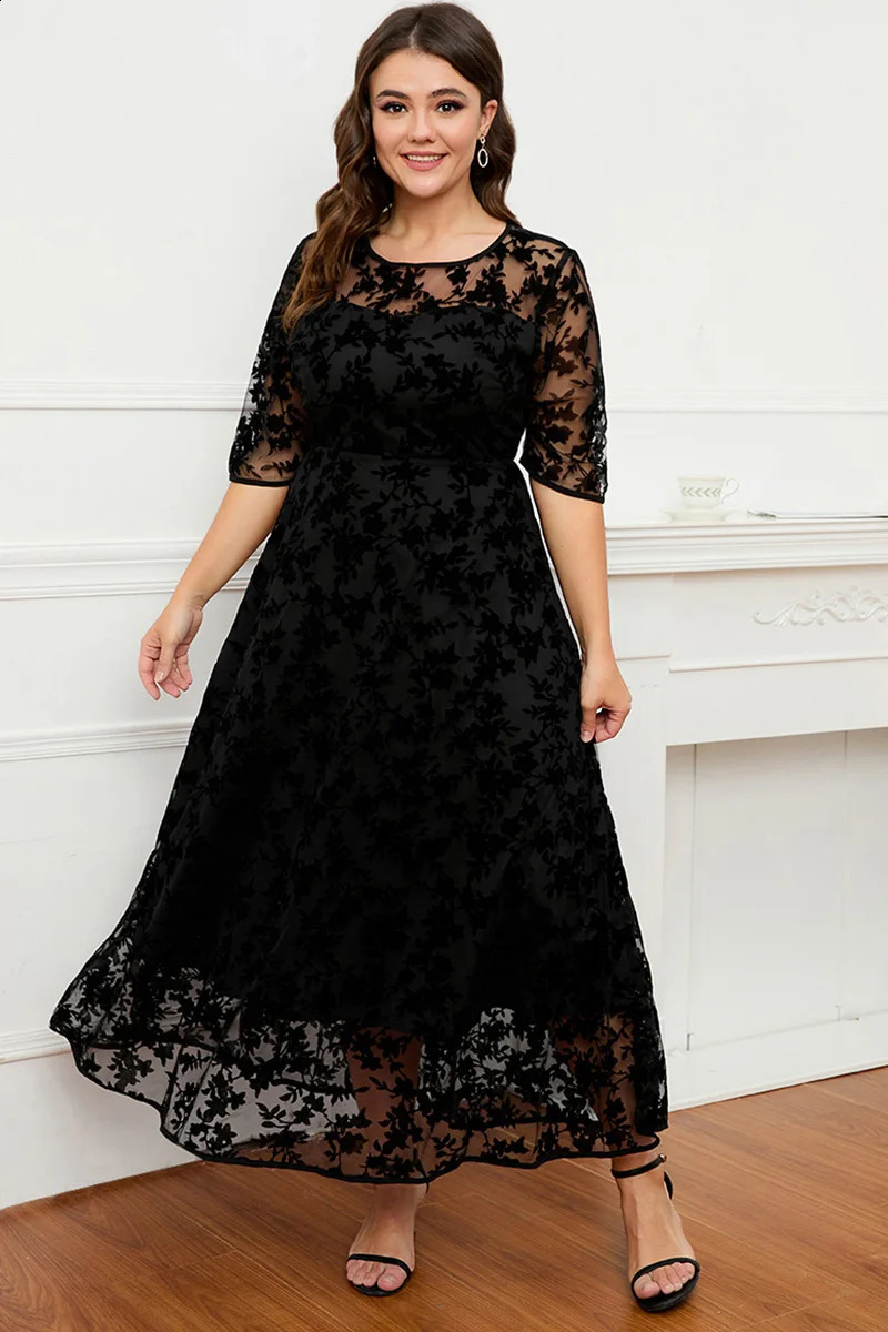 Plus Size Formal Dress Black Print See Through Trumpet Sleeve Tulle Maxi Dress 240819