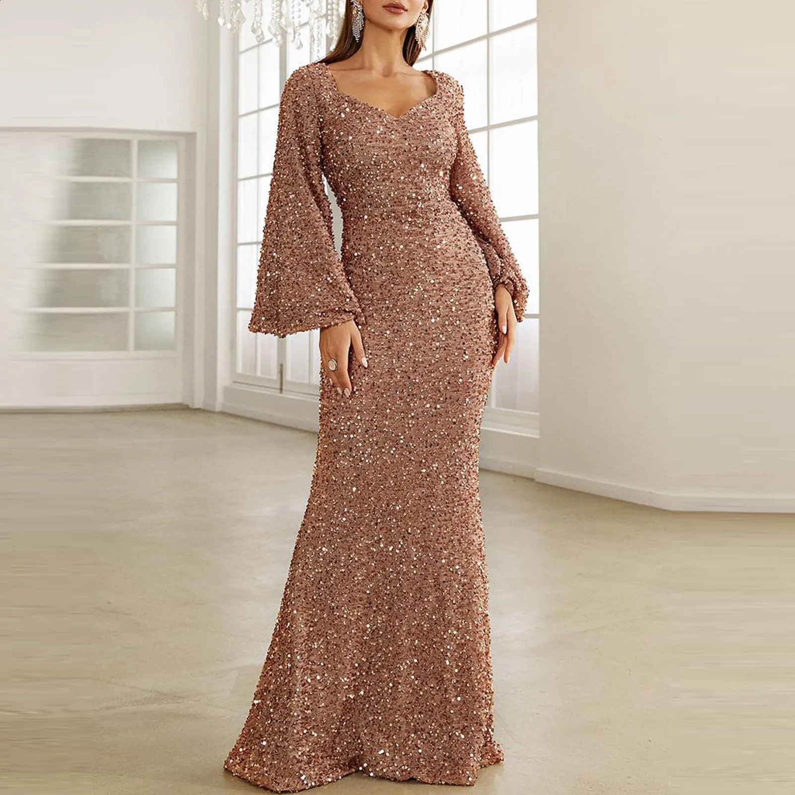 Long Sleeve Dress For Women Pure Color Glitter Sparkly Sequin Floor Length Bodycon Dresses Vintage Slim Party Dress Maxi Dress 240819