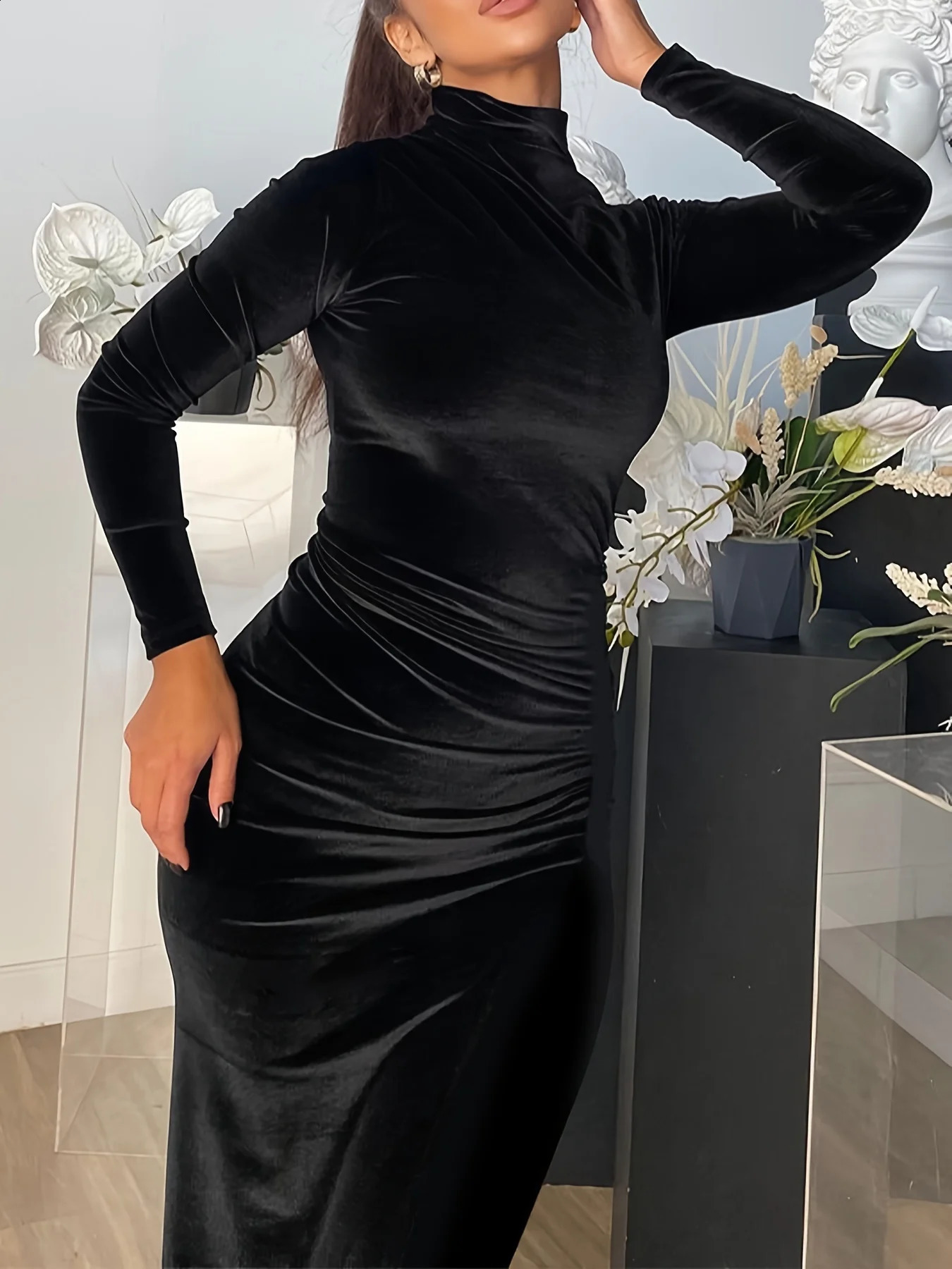 Womens Black Dress Long Sleeve Dress Half High Collar Sexy High Tight Velvet Sheath Dress Evening Party Elegant Vestido Robe 240819