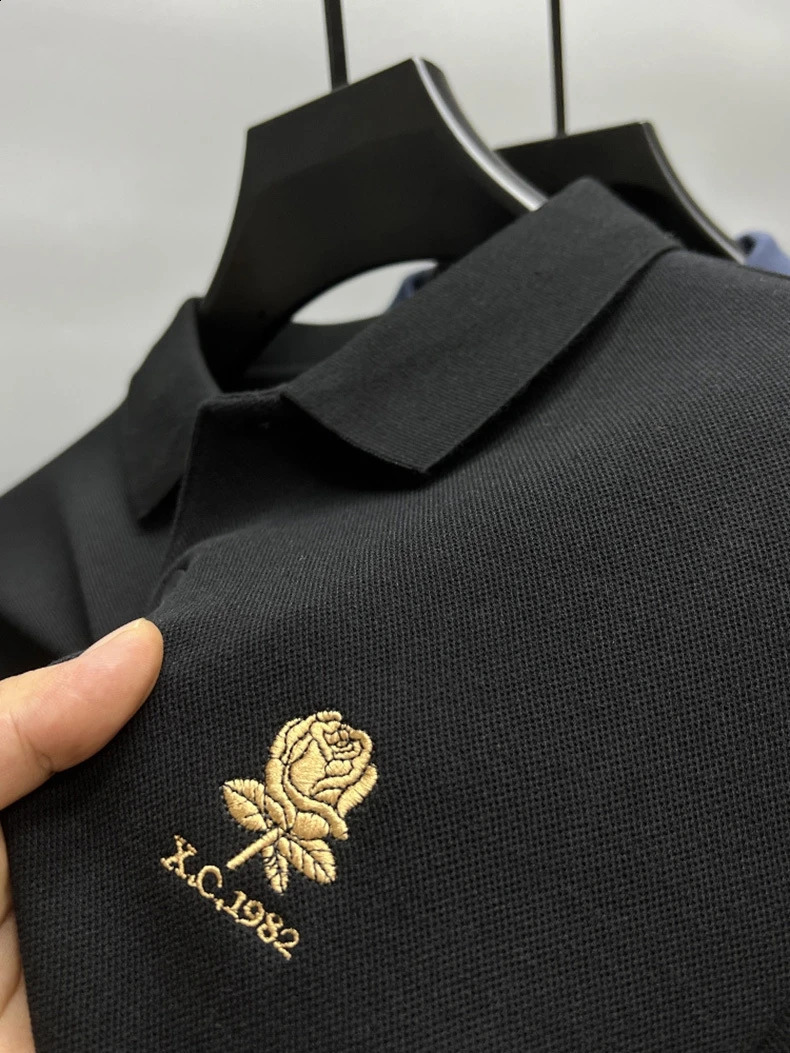 High end 100% cotton mens long sleeved polo shirt Fashion and exquisite rose embroidery Business casual monochrome autumn top 240820