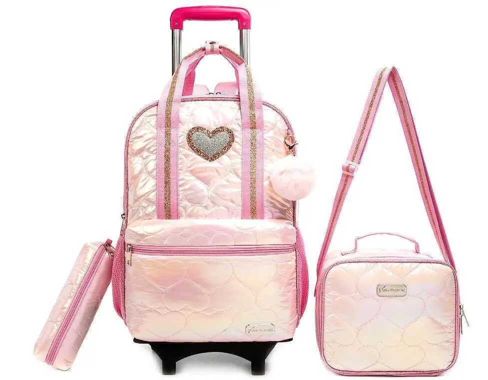 Primary School Trolley Bag Set Lunch Bag Girls Rolling Backpack for Girls School Bookbags Kids Carry-On Luggage Wheeled Backpack Y240820