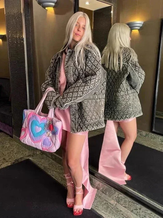 Shoulder Bags For Women So Cute Quilted Tote Contast Color Pink And Purple Love High Capacity All Match Cotton Soft Fashion 240819