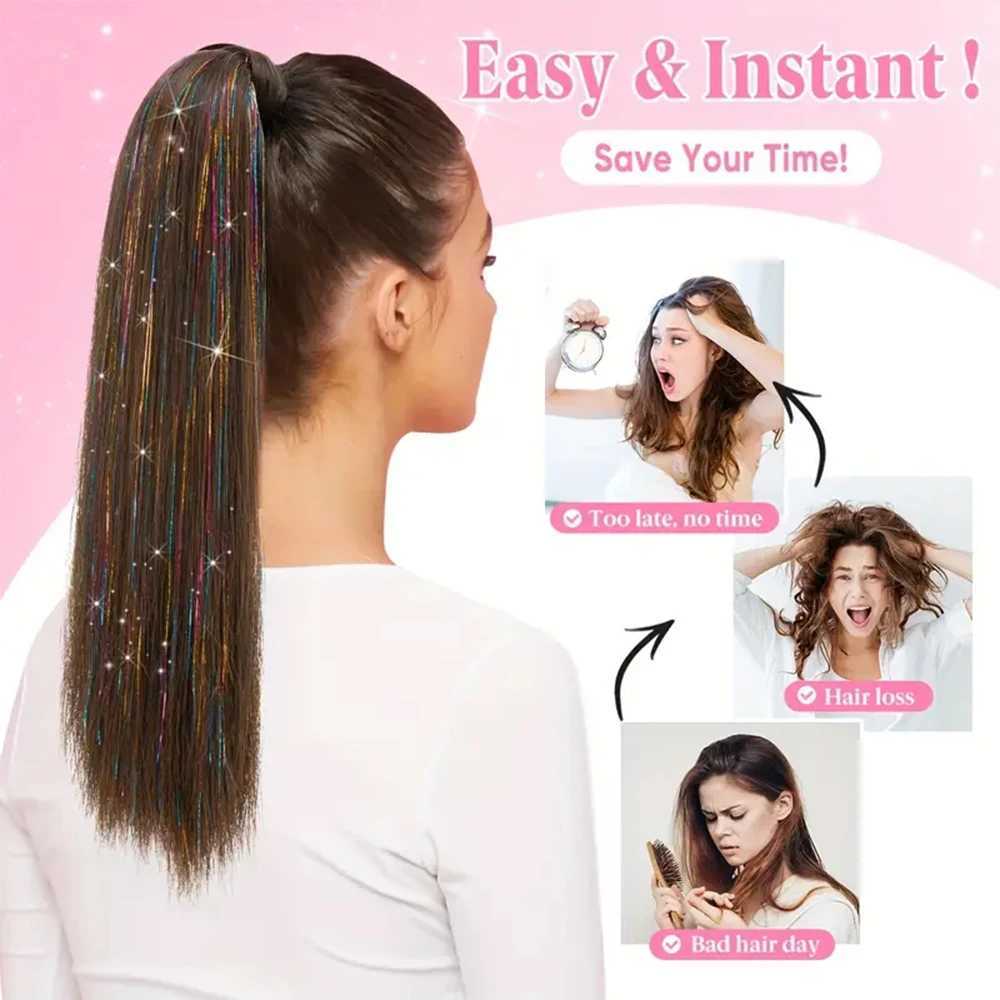 22 inch long and straight hair sparkling Tinsel ponytail wig extends around synthetic fiber hair suitable for women to use W240817