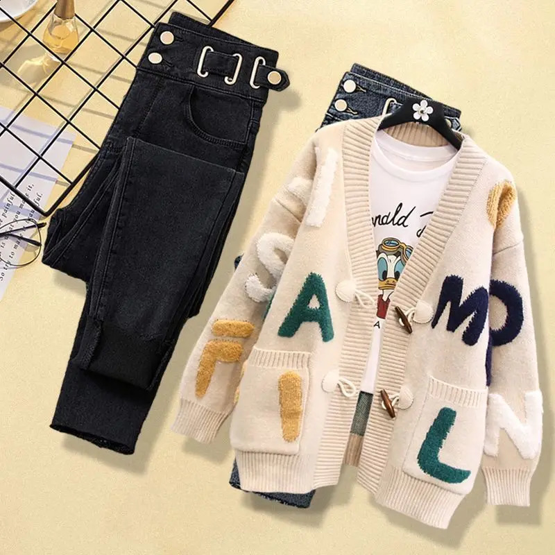 Winter Personalized Letter Printing Knitted Sweater Cardigan Jacket Casual Jeans Two Piece Elegant Womens Pants Set 240819