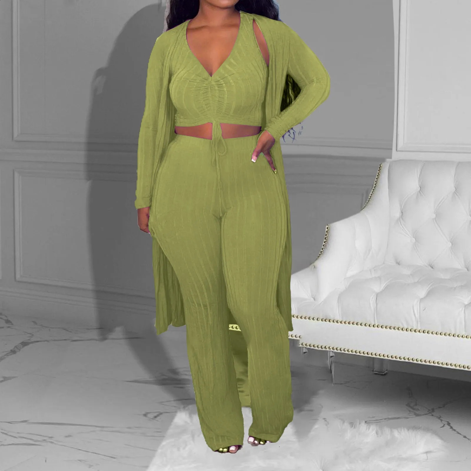 Spring Autumn Fashion Casual 3 Piece Suit Set V Neck VestMid-Length CardiganHigh Waist Trousers HIgh Quality Elastic Tracksuit 240819