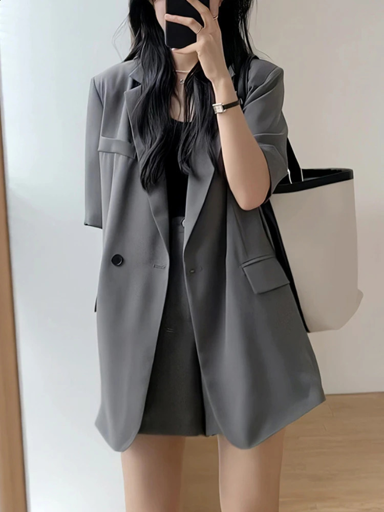 Summer retro womens jacket shorts casual loose solid short Pantalons set fashion 2piece 240819