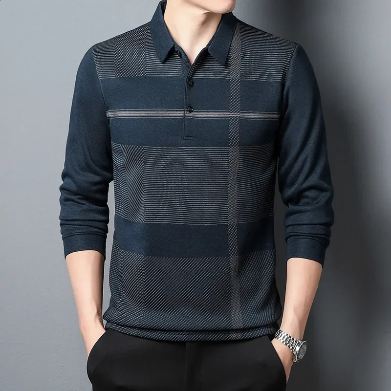 Autumn Mens Long-sleeved T-shirt Loose Casual Mens Striped Lapel Polo Shirt Bottoming Shirt Mens Shirts 240820