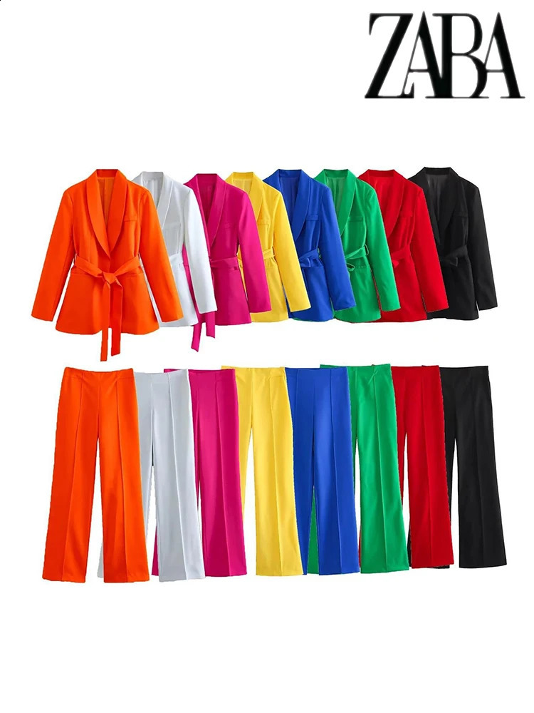 TRAF Womens Street Casual Suit Set Belt Decoration V-Neck Blazer Simple High Waisted Wide Leg Pants Set Sexy Womens Suit 240820