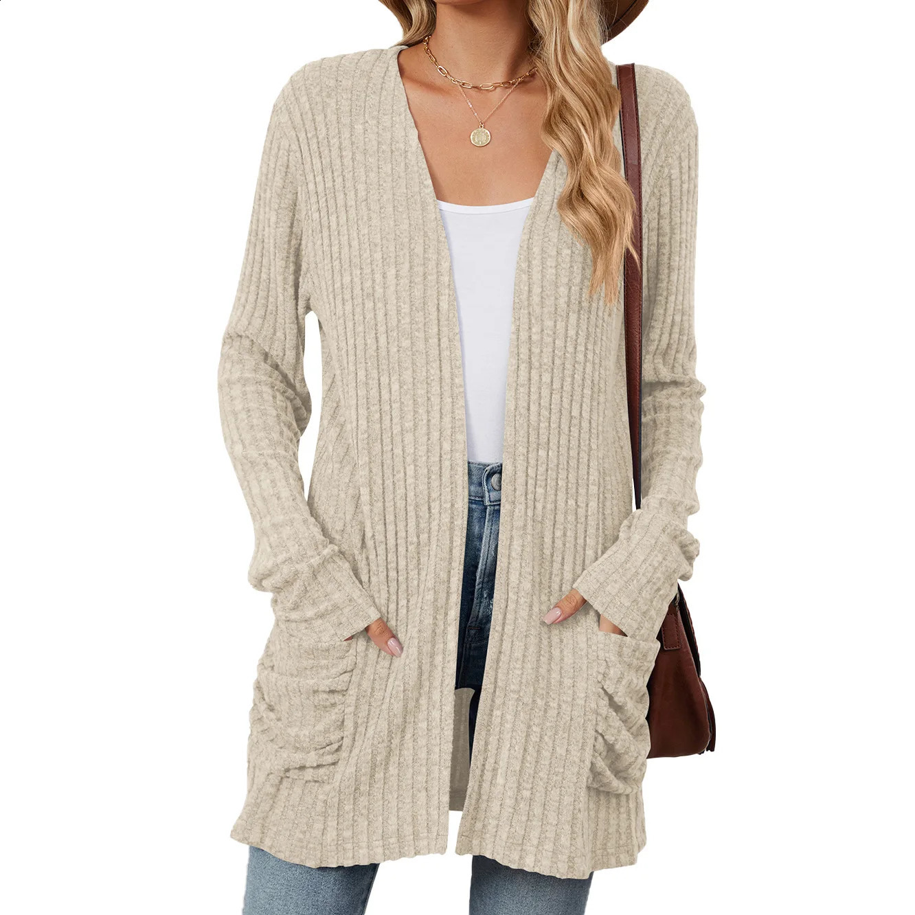 Womens fashionable casual solid cardigan wool sweater pocket knitted top front long sleeved autumnwinter coat 240819