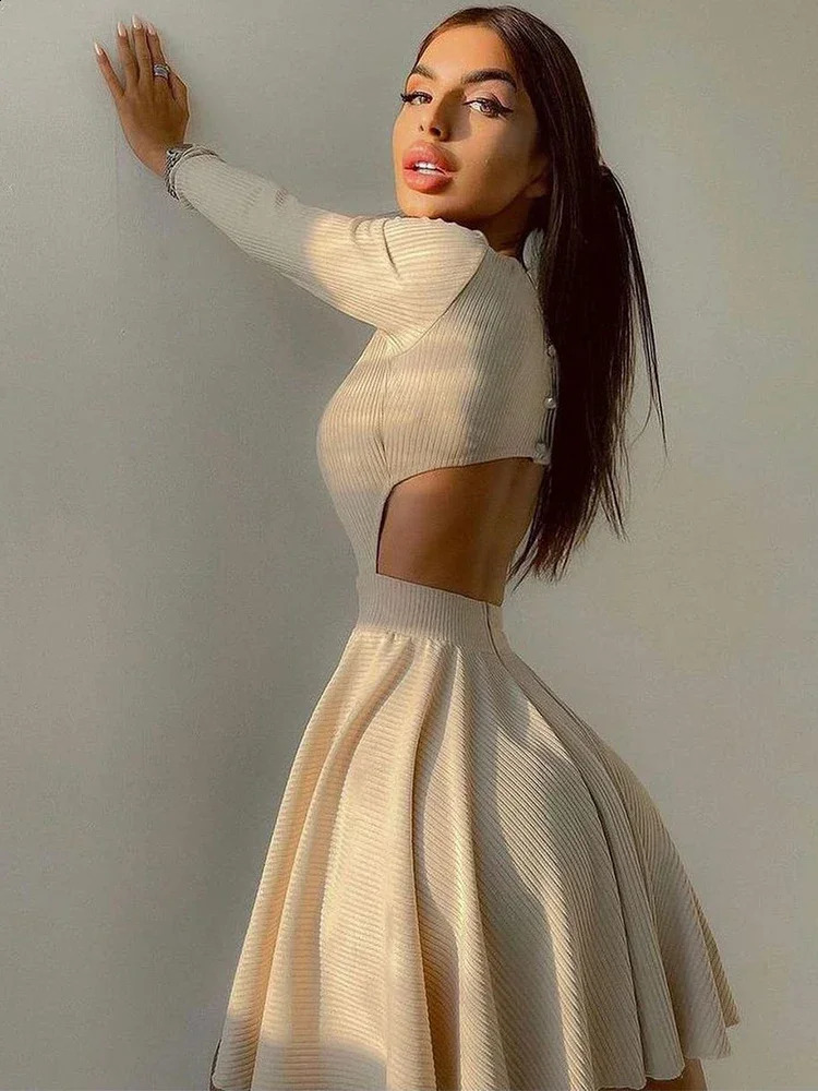 Sexy Long Sleeve Mini Dress Autumn Winter Women O Neck Slim Pleated Short Bodycon Dresses Evening Prom Backless Party Clubwear 240819
