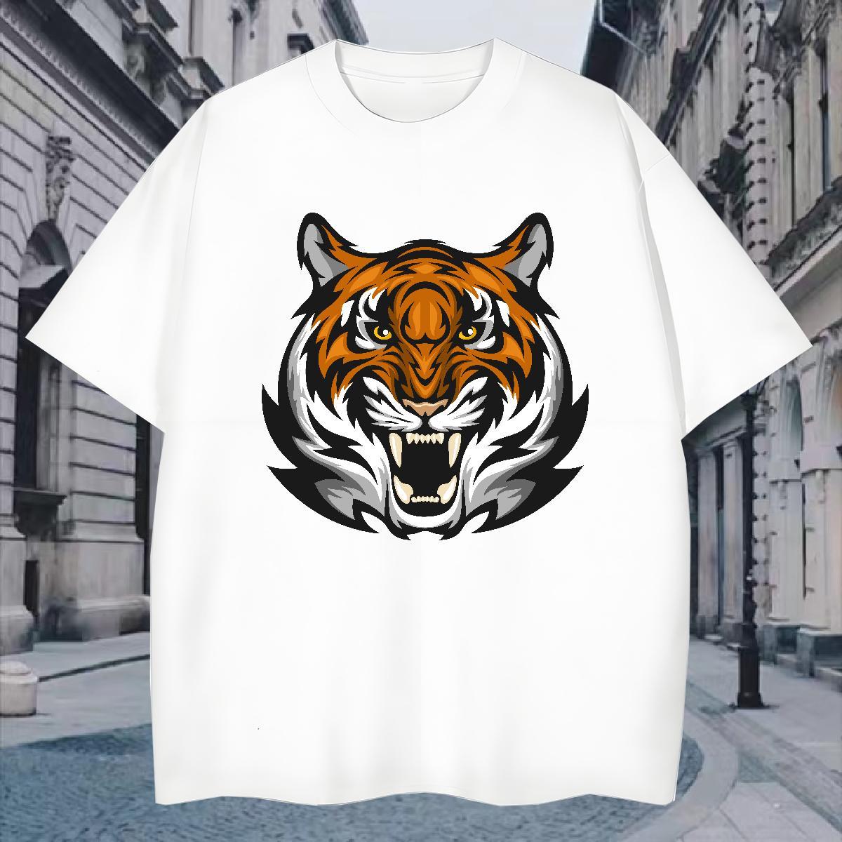 Classic Men T Shirts tiger Breathable Short Sleeve Casual Beach Plus Size Cartoon 100% Cotton 230g Mens Tshirts 2024 Tee Shirt