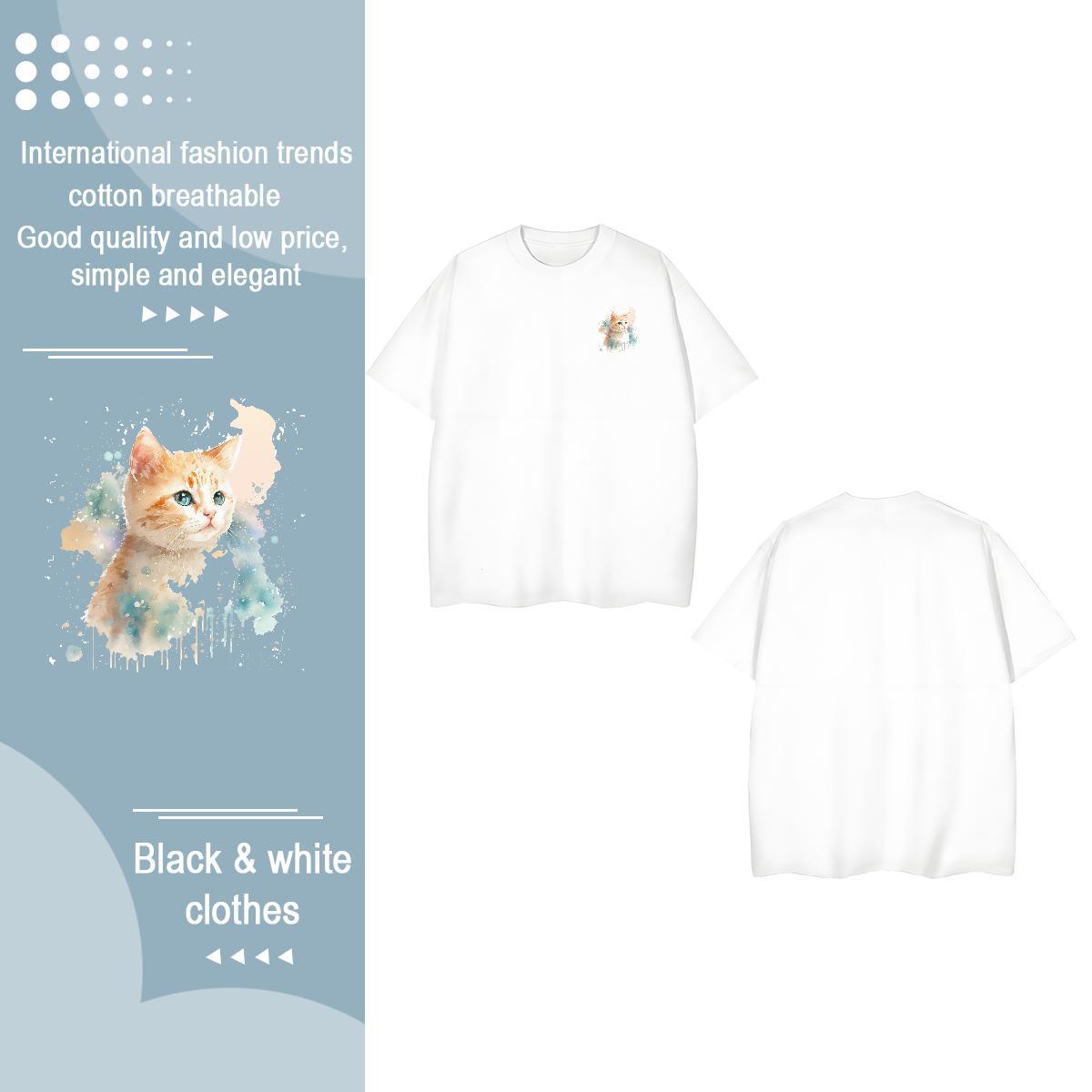 DIY Men Clothes T-Shirt cat Daily Outfit 230g Pure Cotton Tee Shirt Breathable Short Sleeve Unisex T-Shirts DIY Printed