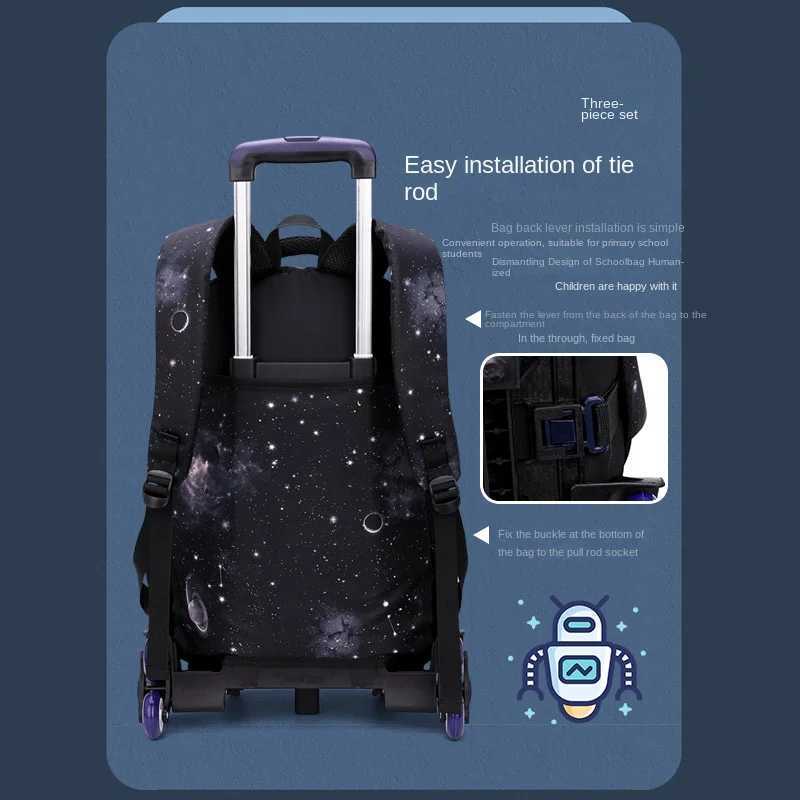 elementary school bag with trolley stair climbing cart rolling school backpack with wheels boys book bag student stationery bag Y240820